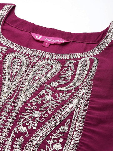 Varanga Women Burgundy Embroidered Kurta Paired With Tonal Bottom And Dupatta